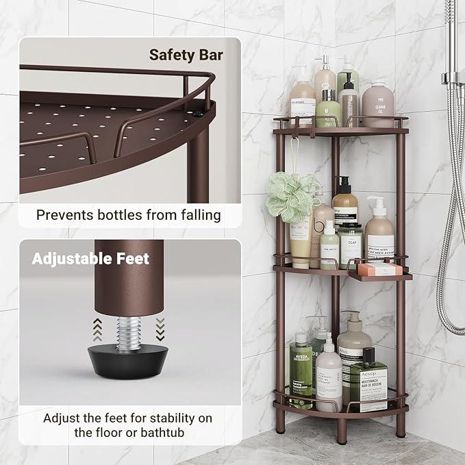 ELYKEN Corner Shower Caddy Standing, 3 Tier Rustproof Metal Shower Organizer with Soap Holder, Floor Shower Corner Shelf Rack Storage Stands with Adjustable Feet & 2 Hooks for Bathroom, Bronze - ModernBath