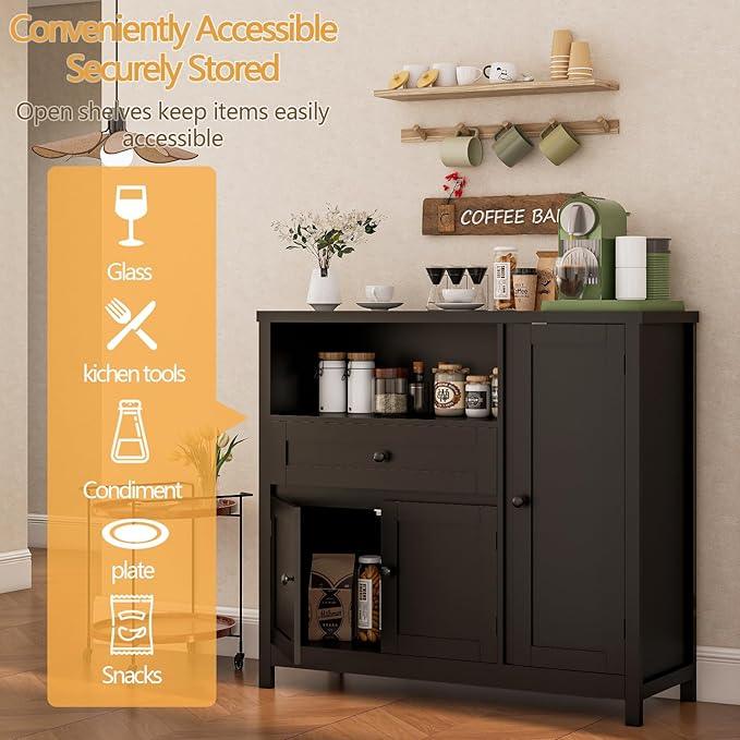Storage Cabinet with Doors and Drawers,Kitchen Storage Cabinets，with Drawer and Adjustable Shelf (Black) - ModernBath