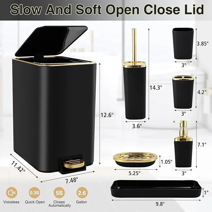 XLHOMO Black Bathroom Accessories 8 Piece Black and Gold Bathroom Set, Bathroom Accessories with Stainless Steel Bathroom Trash Can,Toilet Brush,Toothbrush Set,Soap Dispenser - ModernBath