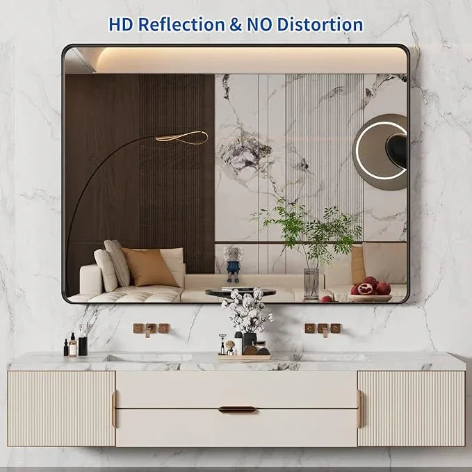 WEER Black Bathroom Mirror 48X36 Inch, Matte Black Bathroom Vanity Mirror Farmhouse, Large Rounded Rectangle Black Metal Framed, Anti-Rust, Tempered Glass, Hangs Horizontally or Vertically - ModernBath
