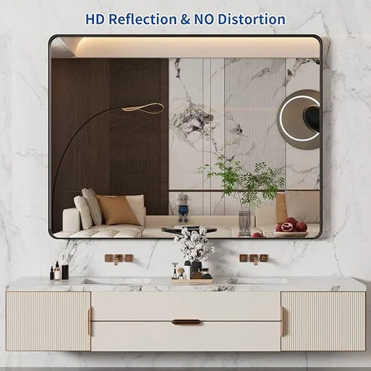 WEER Black Bathroom Mirror 48X36 Inch, Matte Black Bathroom Vanity Mirror Farmhouse, Large Rounded Rectangle Black Metal Framed, Anti-Rust, Tempered Glass, Hangs Horizontally or Vertically - ModernBath