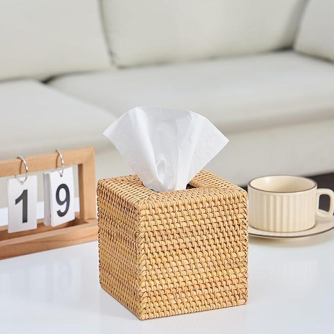 Hand-Woven Rattan Tissue Box Cover, Square Wicker Tissue Holder, Natural Woven Facial Napkin Holder - ModernBath