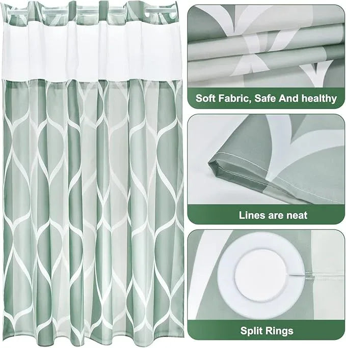 Yiatn No Hook Dark Green Double Shower Curtain with Snap in Fabric Liner Set - Hotel Style with See Through Mesh Top Window, Modern Geometric Waterdrop Design,Waterproof and Washable, 71x74 INCH - ModernBath