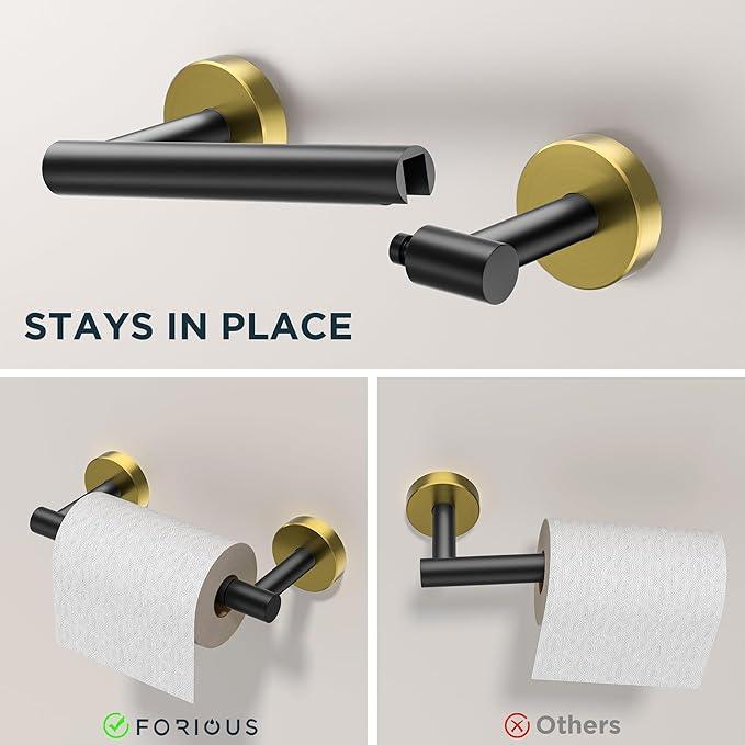 FORIOUS Toilet Paper Holder Wall Mount, SUS304 Stainless Steel Double Post Pivoting Tissue Roll Holder and Hand Towel Ring Set for Bathroom, RV, Bathroom Hardware Accessories Set, Black Gold - ModernBath