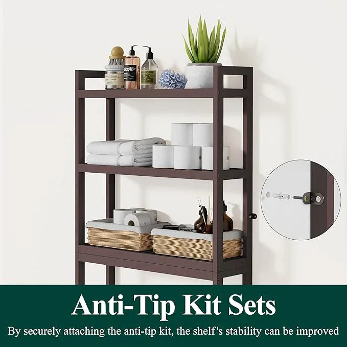 Smiry Over The Toilet Storage Cabinet, 3-Tier Bamboo Bathroom Organizers with Adjustable Shelf & 4 Hooks, Space Saving Shelf Rack for Bathrooms, Laundry Room, Balcony, Brown - ModernBath