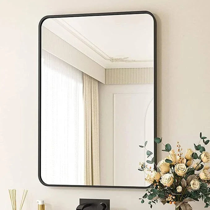 JISOSO Black Bathroom Mirror 28X36 Inch, Black Metal Framed Mirror for Wall, Rounded Rectangle Matte Bathroom Vanity Mirror with Tempered Glass, Anti-Rust, Horizontal/Vertical - ModernBath