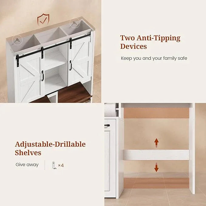 Farmhouse Over The Toilet Storage Cabinet with Pulley, Slide Barn Doors Bathroom Storage Cabinet, Space Saver W/Adjustable Shelf & Open Shelf for Bathroom, Restroom, Laundry (White Brown-Type A) - ModernBath