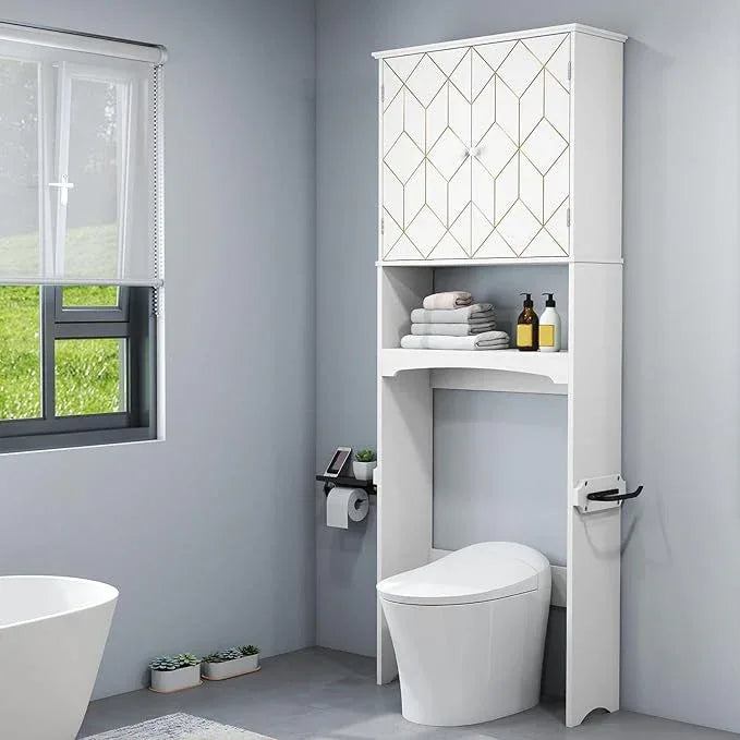 HLR Over The Toilet Storage Cabinet with Gold Trim, Over Toilet Bathroom Organizer with Adjustable Shelves and Toilet Paper Holder, Above Toilet Storage Cabinet Spacesaver for Bathroom(White) - ModernBath