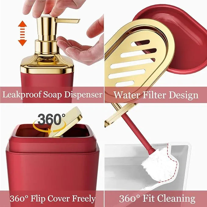 XLHOMO Dark Red Bathroom Accessory Set, 9-Piece Burgundy Bathroom Set with Trash Can, Toothbrush Holder, Toothbrush Cup,Soap Dispenser,Soap Dish,Toilet Brush Holder,2 Qtip Holder Dispensers and Tray - ModernBath