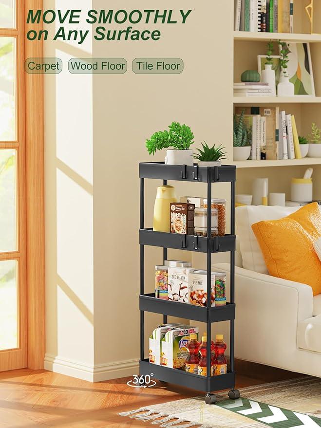 LEHOM 5.1" Slim Storage Cart - 4 Tiers Bathroom Organizer Mobile Shelving Unit Storage Rolling Utility Cart Slide Out Organizer for Kitchen Bathroom Laundry Narrow Places - ModernBath