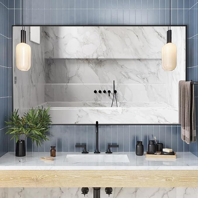 Bonverre 55x36 Inch Black Bathroom Mirror for Wall, Aluminum Frame Rectangle Rectangular Vanity Mirror, Modern Large for Bedroom, Living Room, Horizontal or Vertical - ModernBath
