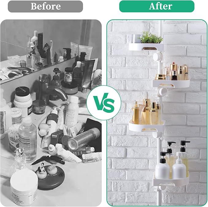 shuang qing 4-Tier Corner Shower Caddy Tension Pole Organizer - Adjustable Rustproof Metal Tension Pole, Plastic Shelves with Safety Guardrail, Bathroom Storage for Shower & Bathtub(White) - ModernBath