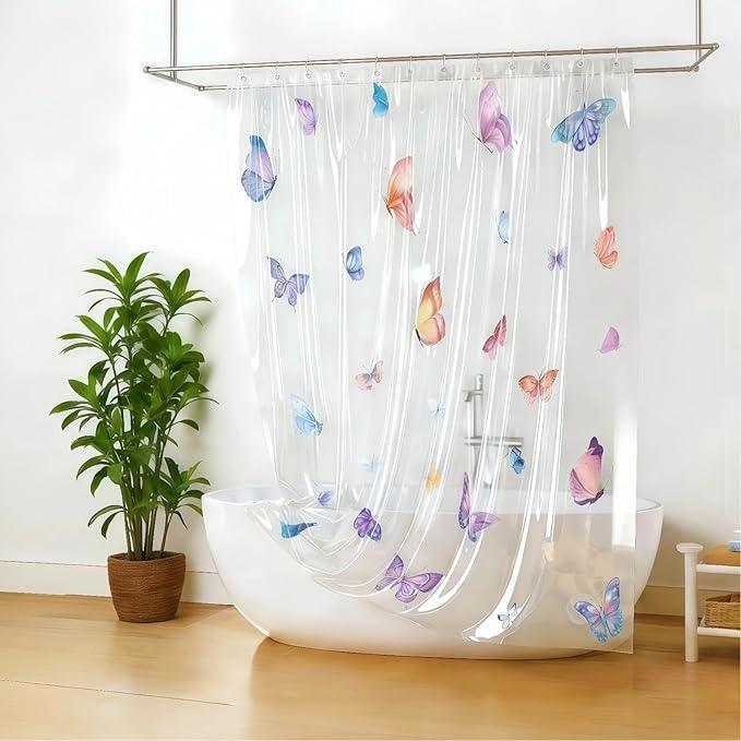 CAPQL Clear Butterfly Shower Curtain Liner, Colorful Plastic Transparent Pretty Shower Curtains for Bathroom, 72x72 Weighted Magnetic Shower Curtain Set with 12 Hooks - ModernBath