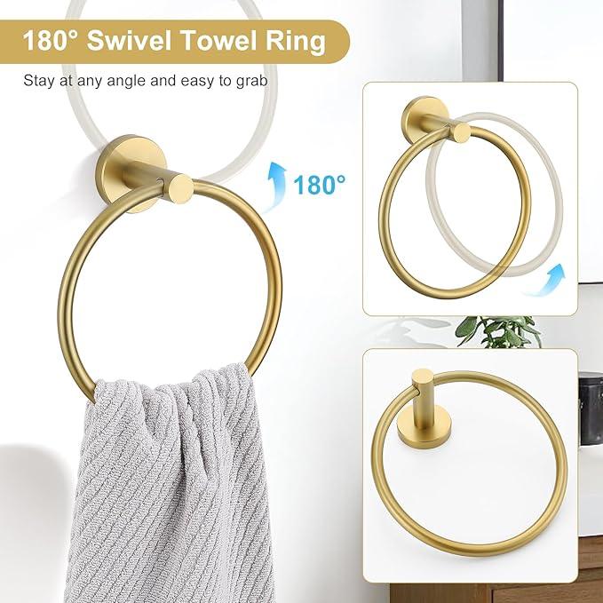 TQKAG 8-Pieces Bathroom Hardware Set Brushed Gold SUS304 Stainless Steel Bath Towel Bar Set 23.6 Inch Round Bathroom Accessories Kit Wall Mounted - ModernBath