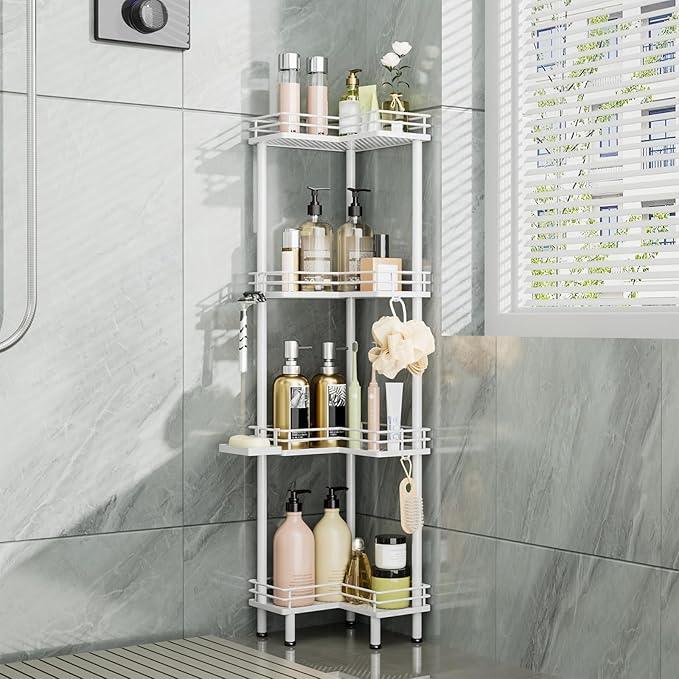 Consumest Corner Shower Caddy Standing - 4-Tier Stainless Steel Shower Organizer with Soap Holder and 4 Hooks, Large Capacity Corner Shelf Stand for Bathroom, Rest Room, White - ModernBath