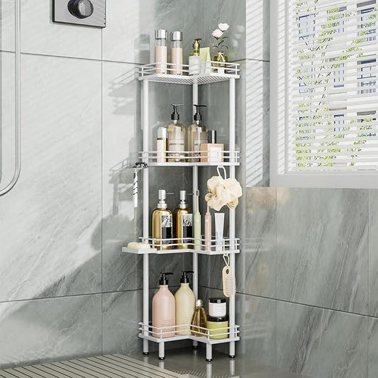 Consumest Corner Shower Caddy Standing - 4-Tier Stainless Steel Shower Organizer with Soap Holder and 4 Hooks, Large Capacity Corner Shelf Stand for Bathroom, Rest Room, White - ModernBath