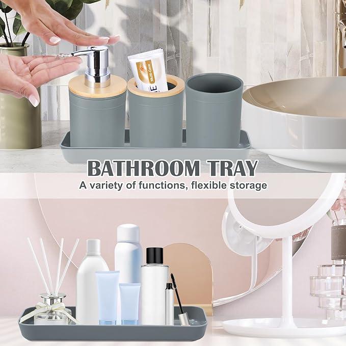 iMucci 9Pcs Grey Bathroom Accessories Set with Trash Can,Toilet Brush,Toothbrush Holder, Lotion Soap Dispenser, Soap Dish,Toothbrush Cup,Vanity Tray,Qtip Holder - ModernBath