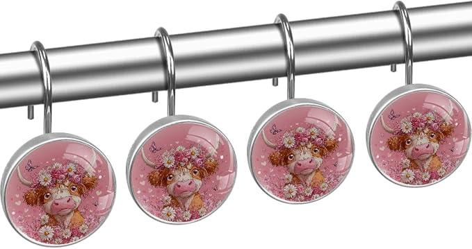 Pink Florals and Highland Cow Rust Proof Shower Curtain Hooks 12Pcs for Bathroom Shower Rod, Decorative Shower Hooks Shower Curtain Hanger Rings Roller, Glass, Resin, Stainless Steel - ModernBath
