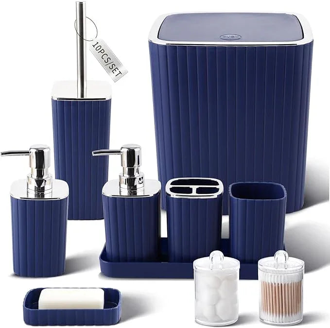 XLHOMO Navy Blue Bathroom Accessories Set - Gorgeous Bathroom Set, 10PC Bathroom Accessory Set, Toilet Brush, Trash Can, Qtip Holder Dispenser & Soap Dispenser - ModernBath