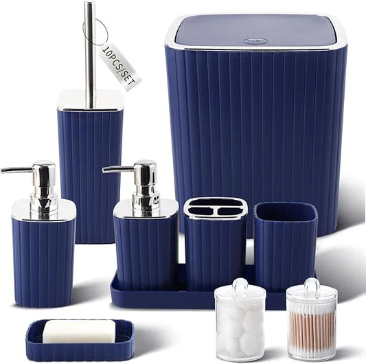 XLHOMO Navy Blue Bathroom Accessories Set - Gorgeous Bathroom Set, 10PC Bathroom Accessory Set, Toilet Brush, Trash Can, Qtip Holder Dispenser & Soap Dispenser - ModernBath