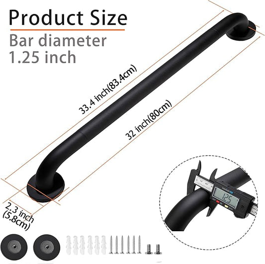 Rackickyer Shower Grab Bar, 2 Pack 32 Inch Black Bathroom Grab Bar, 1.25" Diameter 304 Stainless Steel Anti-Slip Grab Bars for Bathtubs and Showers, Handicap Shower Grab Bar for Seniors Elderly