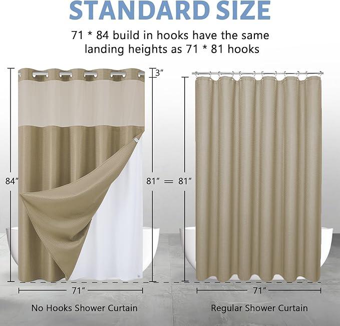 Furlinic Waffle Weave No Hook Shower Curtain with Snap in Liner,Honeycomb Textured Bathroom Curtains with See Through Top Window,Waterproof & Machine Washable,Hotel Quality,Beige,71x84 Inch - ModernBath