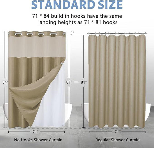 Furlinic Waffle Weave No Hook Shower Curtain with Snap in Liner,Honeycomb Textured Bathroom Curtains with See Through Top Window,Waterproof & Machine Washable,Hotel Quality,Beige,71x84 Inch - ModernBath