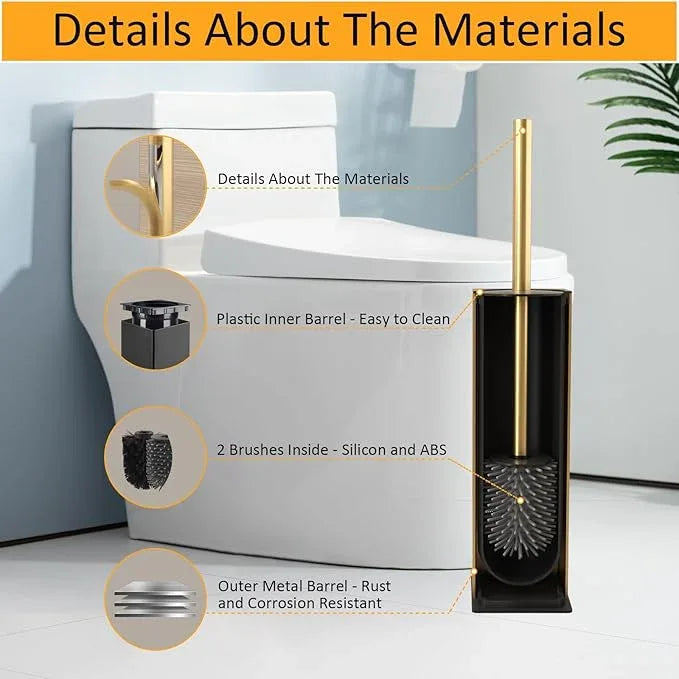 BGL Standing Toilet Brush and Holder Brushed Gold Aluminium Toilet Bowl Cleaner Brush and Holder for Bathroom Storage and Organization, Square Design Sturdy and Space Saving - ModernBath