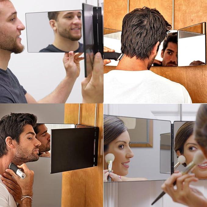 HIEEY 3 Way Mirror for Hair Cutting,360 Trifold Mirror with Height Adjustable Telescoping Hooks,and 5X Magnification,for Makeup, Hair Styling - ModernBath