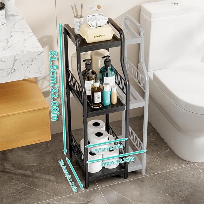 HapiRm Bathroom Shelf Unit Organizer - 3 Tier Expandable Narrow Shelf, Metal Free-Standing Shelves, Open Floor Rack Slim Storage Cabinet, Ideal for Bathroom, Laundry, Kitchen Organization (Black) - ModernBath