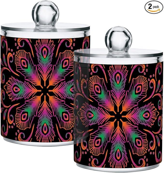 Tatenale Qtip Holder Bathroom Set Q tip Cotton Ball Swab Pad Dispenser Container Organizer Plastic Jars with Lids Storage 2Pack Ethnic Feathers Mandala Black - ModernBath