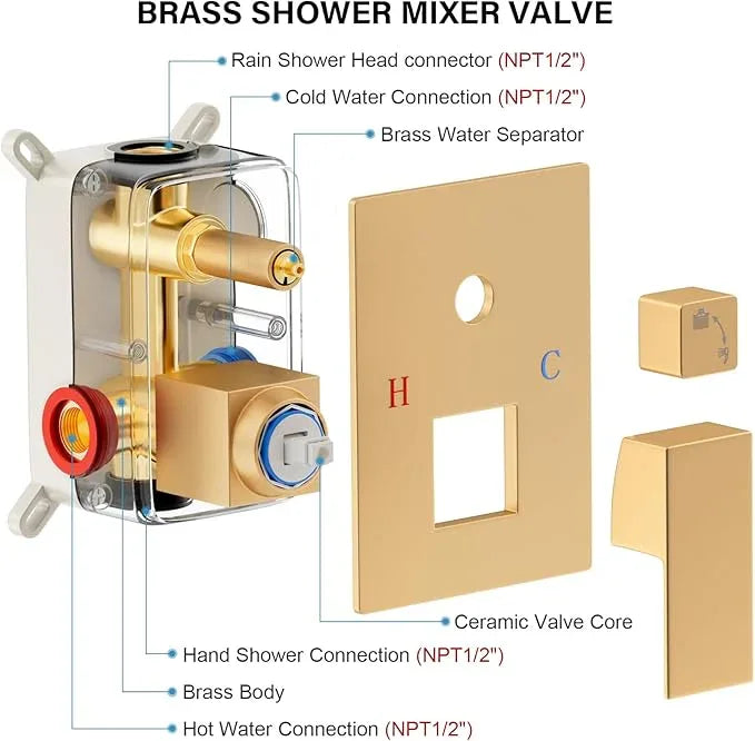 FPXRNG Gold Shower Faucet Set, Rainfall Shower System with Rain Shower Head and Handle Set, Wall Mounted Shower Fixtures, Full Metal Trim Repair Kit 12 inch Paint Gold (With Shower Valve) - ModernBath