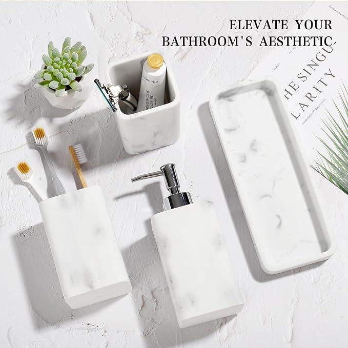 YMXYJM Bathroom Accessories Set, 4 Pcs Bathroom Accessory Set, Soap Dispenser, Toothbrush Holder, Qtip Holder Set, Bathroom Sets Complete, Bathroom Sink Set for Modern Home Decor, White - ModernBath