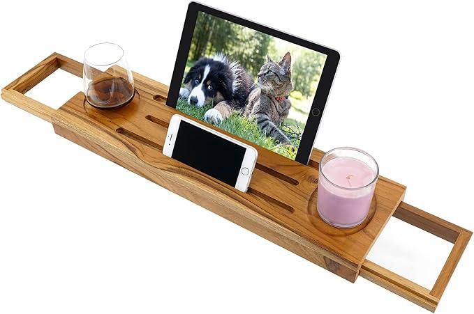 EcoFives Teak Bathtub Tray Caddy - Expandable Bath Tray - Adjustable Organizer Tray for Bathroom - Luxury Bath Caddy Tub Table, Bathtub Accessories & Bathroom Gadgets - ModernBath