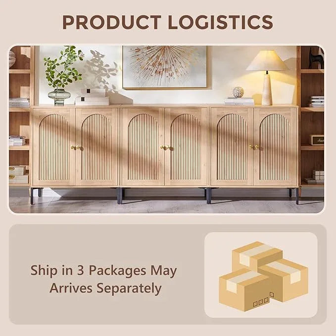 Bathroom Cabinet with Storage, 92.63" W Fluted Arched Free Standing Floor Cabinet w/Adjustable Shelves, Modern Sideboard Cabinet for Bathroom, Kitchen, Living Room, Entryway, Natural - ModernBath