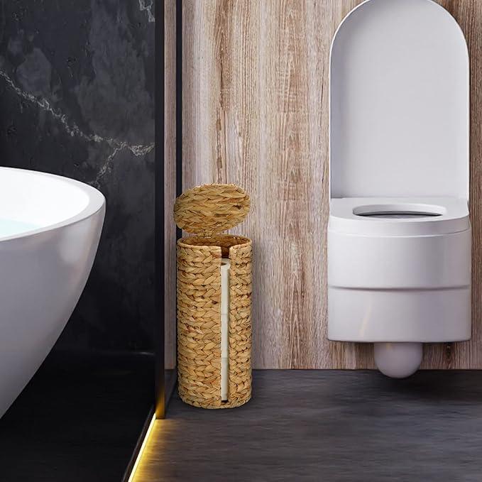 Stand Paper Storage with Lid Spare Extra 3 Rolls of Toilet Tissue Holder Free Standing Water Hyacinth Wciker Toilet Paper Organizer Basket for Bathroom - ModernBath