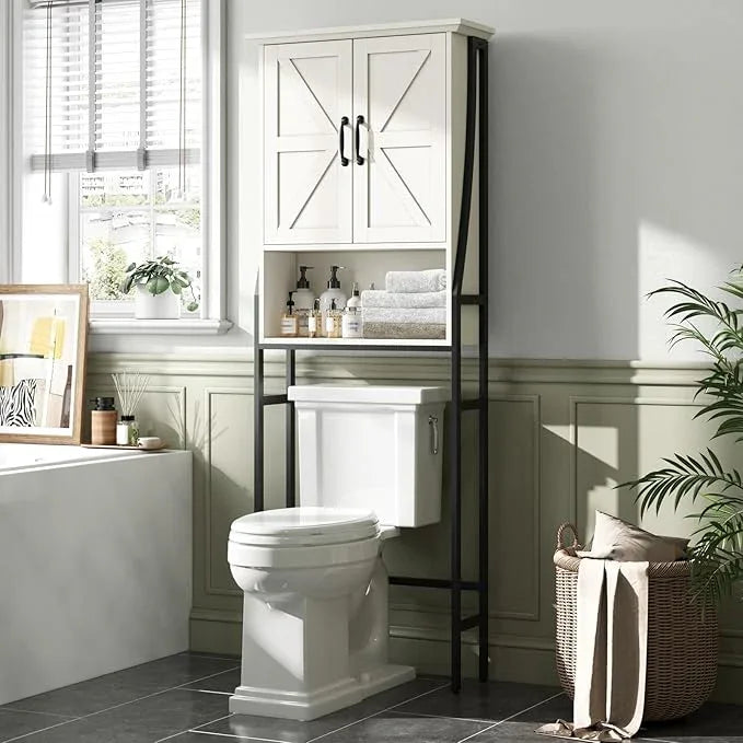 Over The Toilet Storage Cabinet, Over Toilet Bathroom Organizer, Above Toilet Storage Cabinet with Barn Doors Behind Toilet Bathroom Organizer (Cream White) - ModernBath