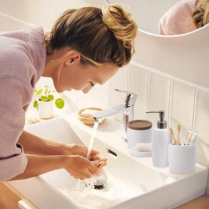 Bathroom Accessories Set,Leaf Design Bathroom Accessory Set,4 PCS Ceramic Gift Set Apartment Necessities, Contain Cotton Swab Jar,Soap Dispenser,Soap Dish,Tumbler White - ModernBath