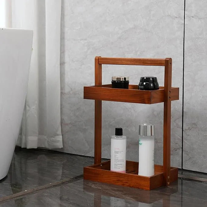 Utoplike Teak Wood Shower Caddy Corner, 2 Tier Bathroom Organizer Countertop, Standing Shower Rack with Handle, Stand Up Shower Basket for Shampoo, Shelf Rack for Inside Shower, Kitchen Desktop - ModernBath