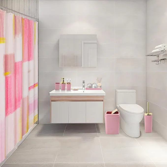 XLHOMO Pink and Gold Bathroom Accessories Set, Bathroom Sets with Shower Curtain, Pink Bathroom Accessories with Trash Can, Soap Dispenser, Soap Dish, Toilet Brush Holder, Qtip Holders for Bathroom - ModernBath