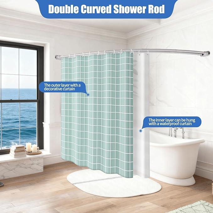 Anndason Double Curved Shower Curtain Rod 42 to 72 Inches Elegant Double Shower Curtain Rod Adjustable Wall Mounted Double Shower Curtain Pole for Bathroom (Silver, 42 to 72") - ModernBath