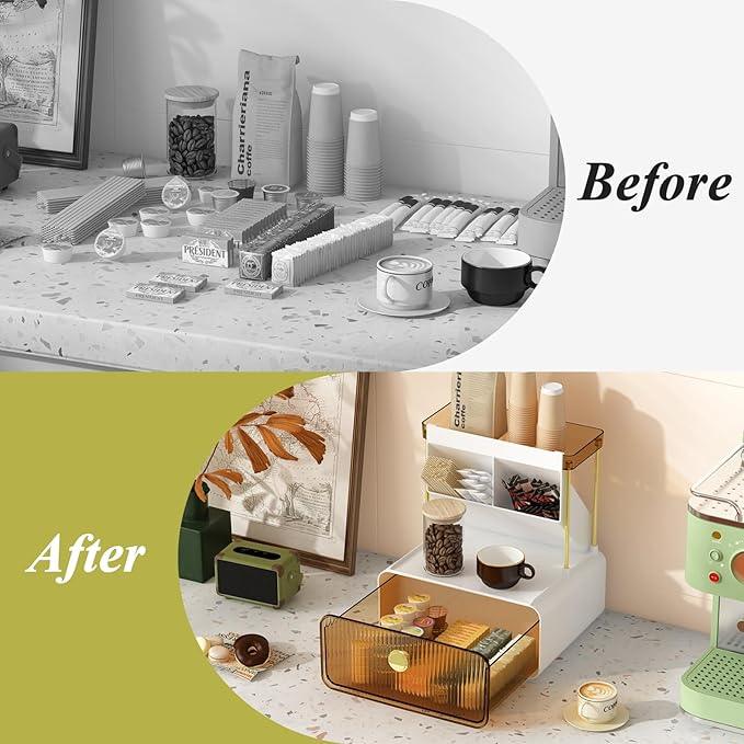 FOLLOWIN 3 Tiers Makeup Organizer with Drawer,Cosmetic Display with Lipsticks Brush Holder,Cosmetics and Beauty Supplies Organizers for Vanity,Dresser,Bathroom Desktop Countertop Organizer,Amber - ModernBath