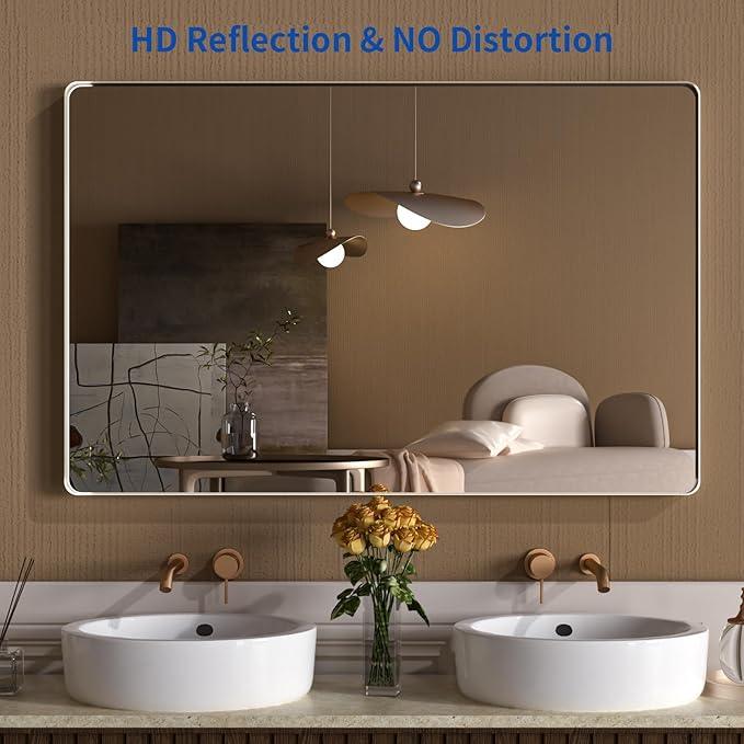 WEER 55X36 Inch Brushed Nickel Bathroom Mirror, Brushed Silver Metal Frame Mirror, Rounded Rectangle Silver Bathroom Vanity Mirror, Tempered Glass, Anti-Rust, Hangs Horizontally or Vertically - ModernBath