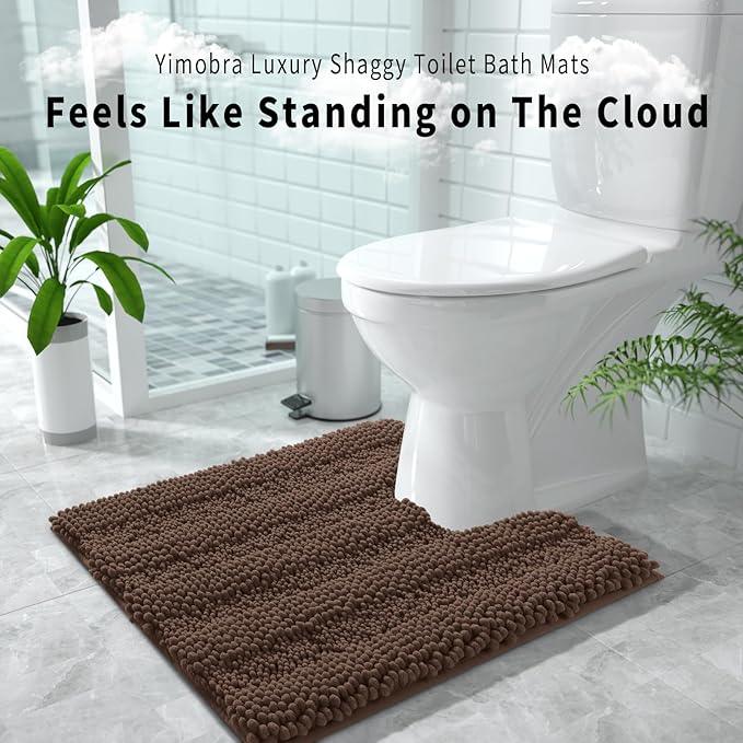 Yimobra Toilet Rugs U Shaped Washable 24 x 20, Non Slip and Super Absorbent Toilet Mat, Quick Dry, Ultra Luxury Microfiber Chenille Plush Fluffy Contour Bath Rugs for Toilet Base, Brown - ModernBath