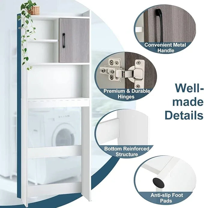 Giantex Over The Toilet Storage Cabinet, 4-Tier Freestanding Space Saver Above Toilet with Open Shelves & Door, Over Toilet Bathroom Organizer for Restroom, Laundry Room, White - ModernBath