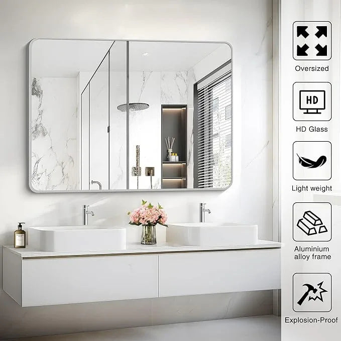 CIVENO 48x36 Inch Silver Bathroom Mirror, Large Rectangular Vanity Mirror, Metal Framed Rectangle Mirrors, Rounded Corner Wall Mounted Mirrors for Living Room Bedroom Entryway Horizontal or Vertical - ModernBath