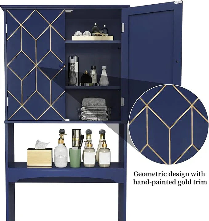 HLR Over The Toilet Storage Cabinet with Gold Trim, Over Toilet Bathroom Organizer with Adjustable Shelves and Toilet Paper Holder, Above Toilet Storage Cabinet Spacesaver for Bathroom (Blue) - ModernBath
