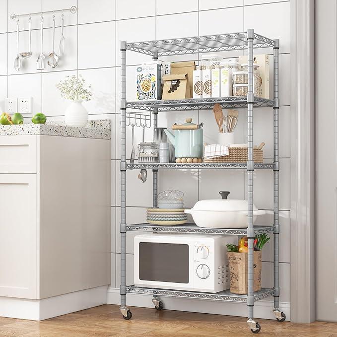 Homdox 5 Tier Adjustable Rolling Storage Shelves, Heavy Duty Wire Racks and Shelving, Metal Shelves for with Side Hooks Pantry Closet Kitchen Garage Organization, Silver Gray - ModernBath
