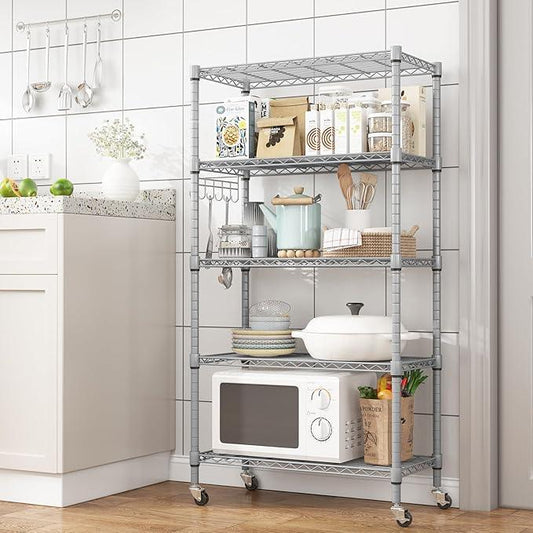 Homdox 5 Tier Adjustable Rolling Storage Shelves, Heavy Duty Wire Racks and Shelving, Metal Shelves for with Side Hooks Pantry Closet Kitchen Garage Organization, Silver Gray - ModernBath