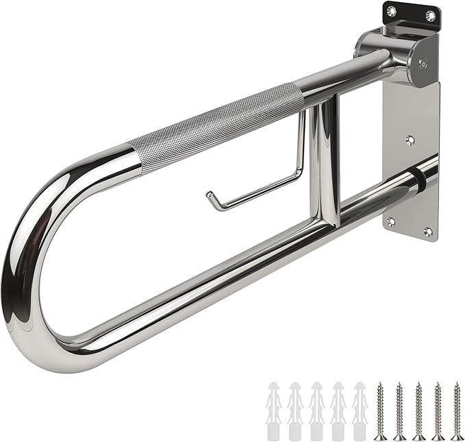 Handicap Grab Bar, 23.6 Inch Stainless Steel Toilet Safety Rails, Disabled Flip-Up Bathroom Grab Bars with Paper Holder, Anti-Slip Toilet Handrails Hand Grips Handicap Grab Bars for Elderly - ModernBath